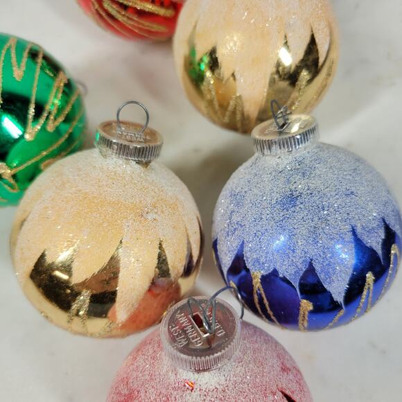 Vtg Kmart Ball Christmas Tree Ornaments 2" Hand Frosted Glitter West German 6 pc - Picture 1 of 14